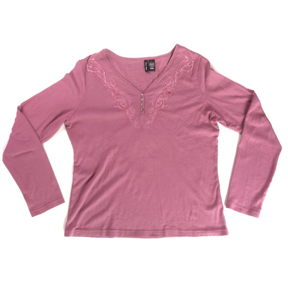 Pink Long Sleeve Tee With Embroidered Details -L-